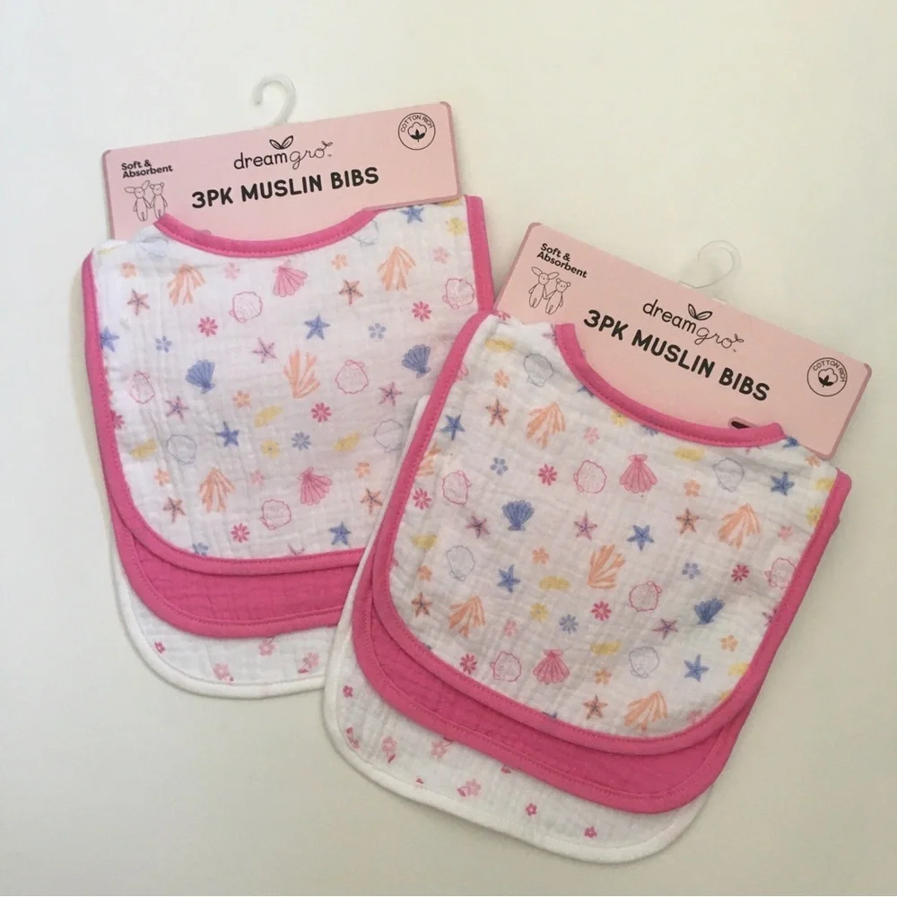 2 Packs of Cotton Muslin Baby Bibs Pink Trim 6 Total | DreamGro